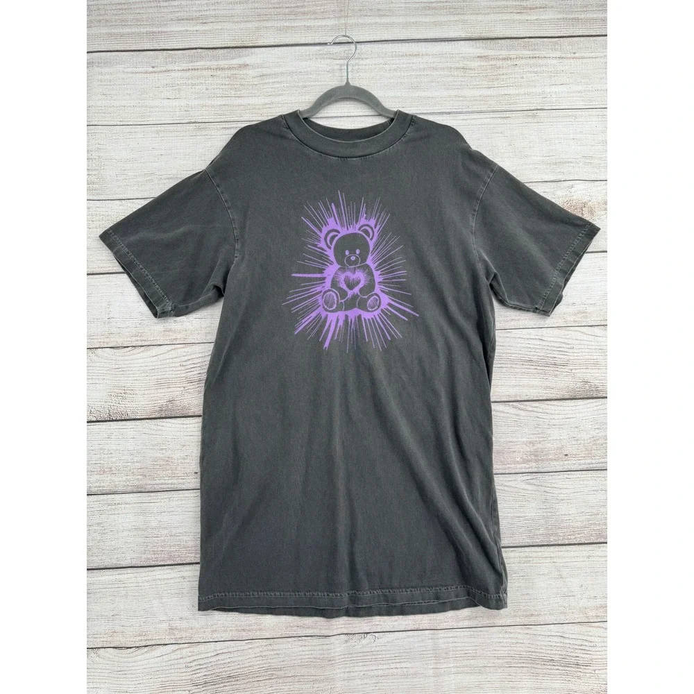 Coach Graphic T-Shirt Women XS Charcoal Purple Teddy Bear Heart Oversized